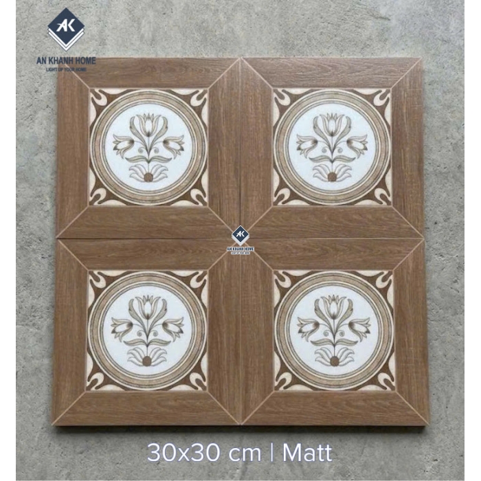 Gạch bông cổ điển 30x30 hoạ tiết viền giả gỗ hoa lá cách điệu