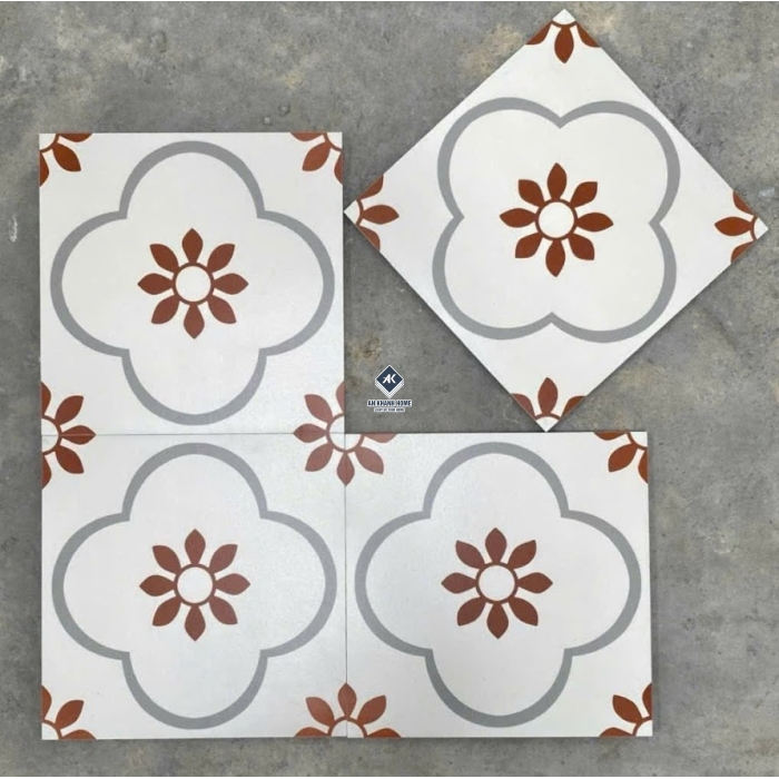Gạch bông cổ điển 30x30 trắng kem hoa mai nâu đỏ