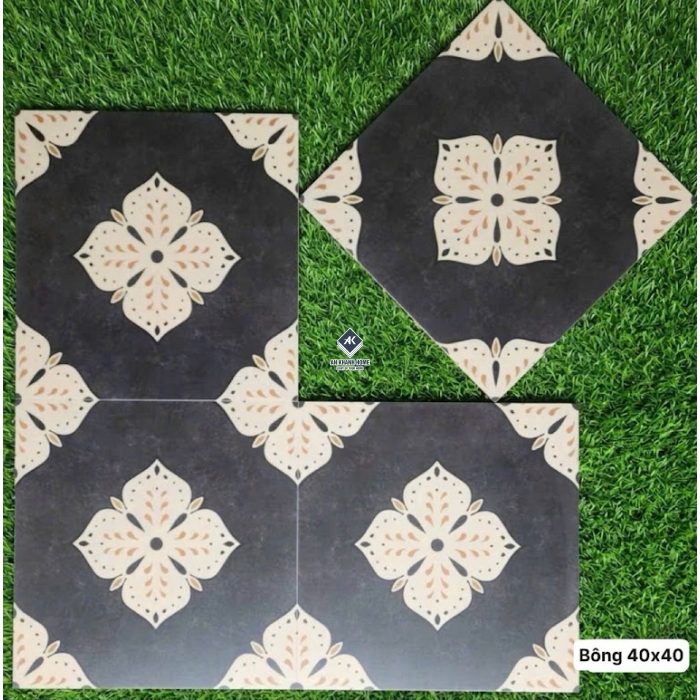 Gạch bông cổ điển 40x40 hoạ tiết đối xứng màu đen kem