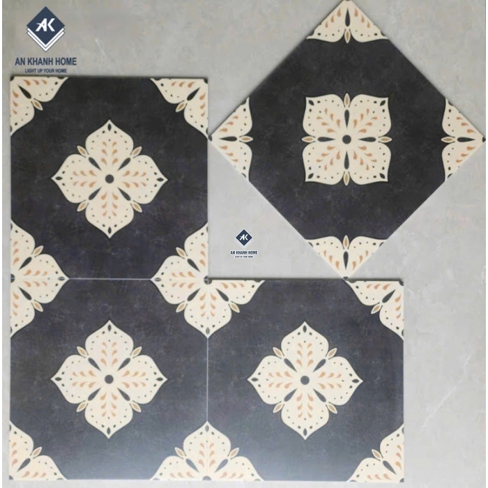 Gạch bông cổ điển 40x40 hoạ tiết đối xứng màu đen kem