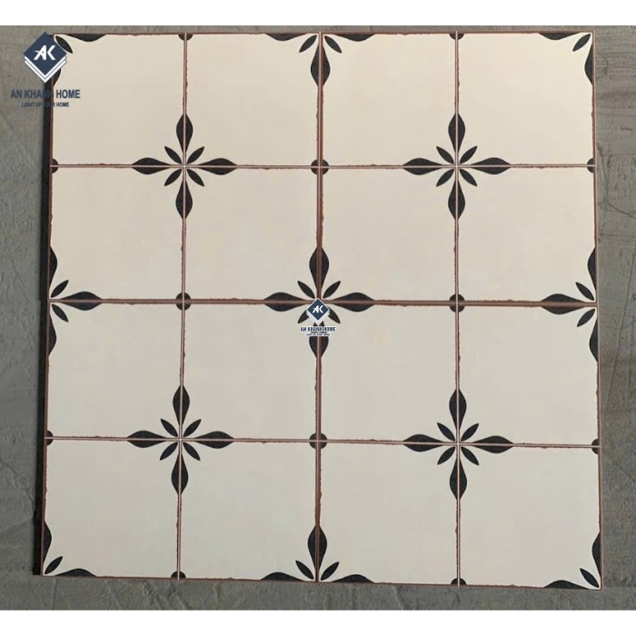Gạch bông cổ điển 40x40 màu kem hoạ tiết đen