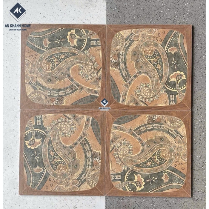 Gạch bông giả cổ 40x40 hoạ tiết Paisley nâu đất xám