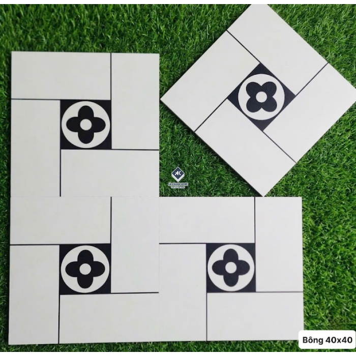 Gạch bông trang trí 40x40 đen trắng hoạ tiết hoa 4 cánh hiện đại