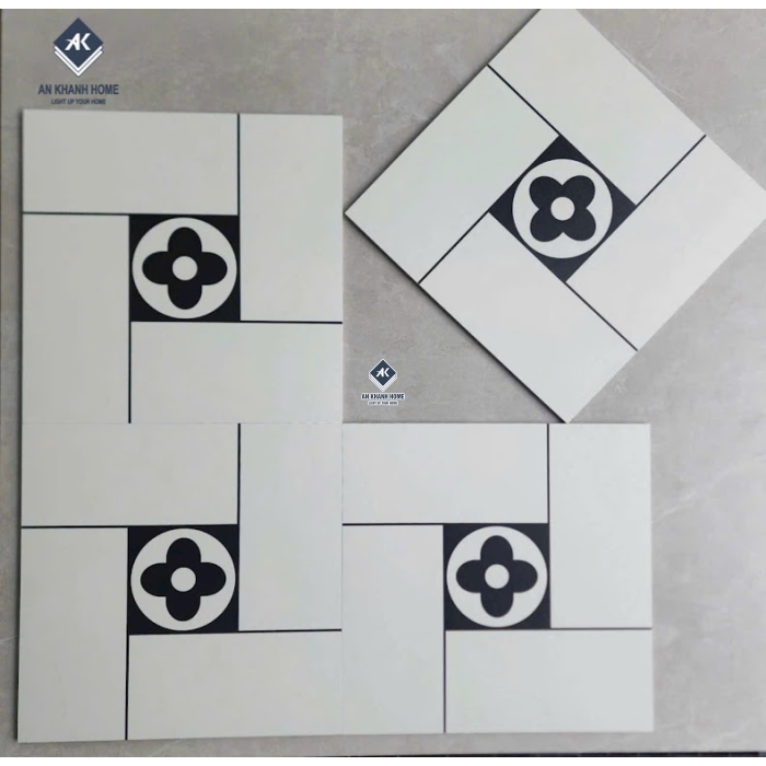 Gạch bông trang trí 40x40 đen trắng hoạ tiết hoa 4 cánh hiện đại