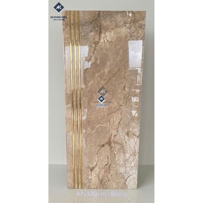 Gạch lát cầu thang 47x120 màu nâu vân đá khắc kim nhũ vàng