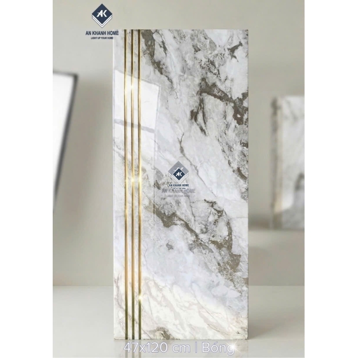 Gạch lát cầu thang 47x120 trắng vân đá marble khắc kim nhũ vàng
