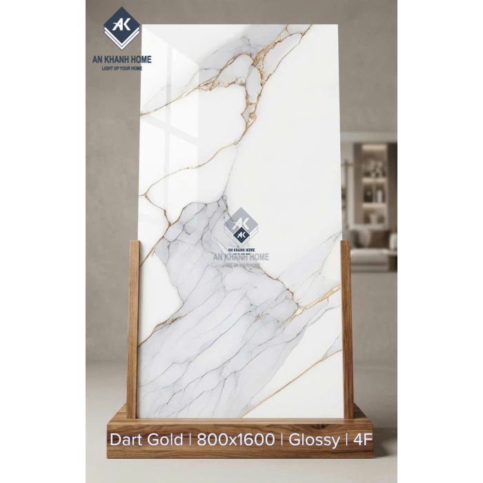 Gạch lát nền ấn độ 80x160 Dart Gold trắng vân đá chỉ vàng bóng kiếng