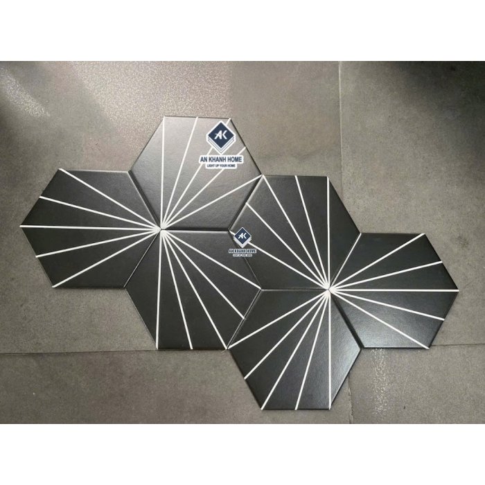 Gạch lục giác 20x23 đen mờ họa tiết chỉ xòe 5 tia trắng đẹp
