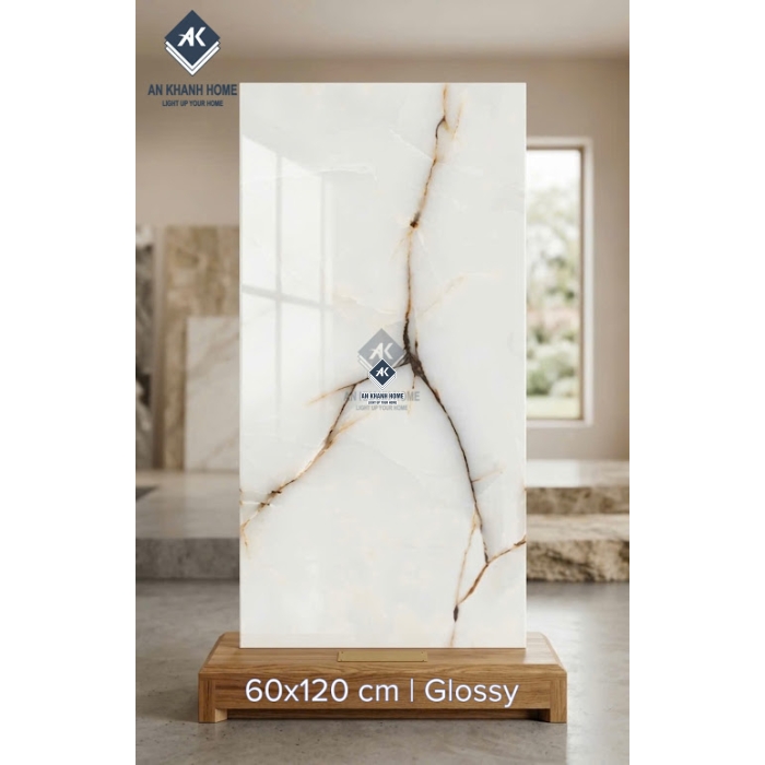 Gạch ốp lát ấn độ 60x120 màu kem vân đá nâu rạn bóng kính