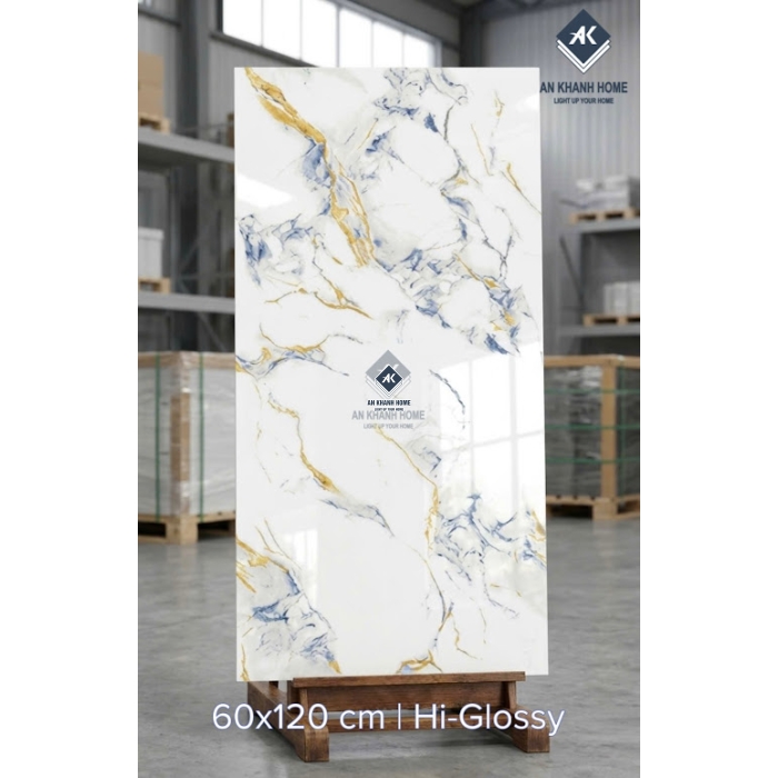 Gạch ốp lát ấn độ 60x120 trắng vân đá nhũ vàng xanh dương đẹp