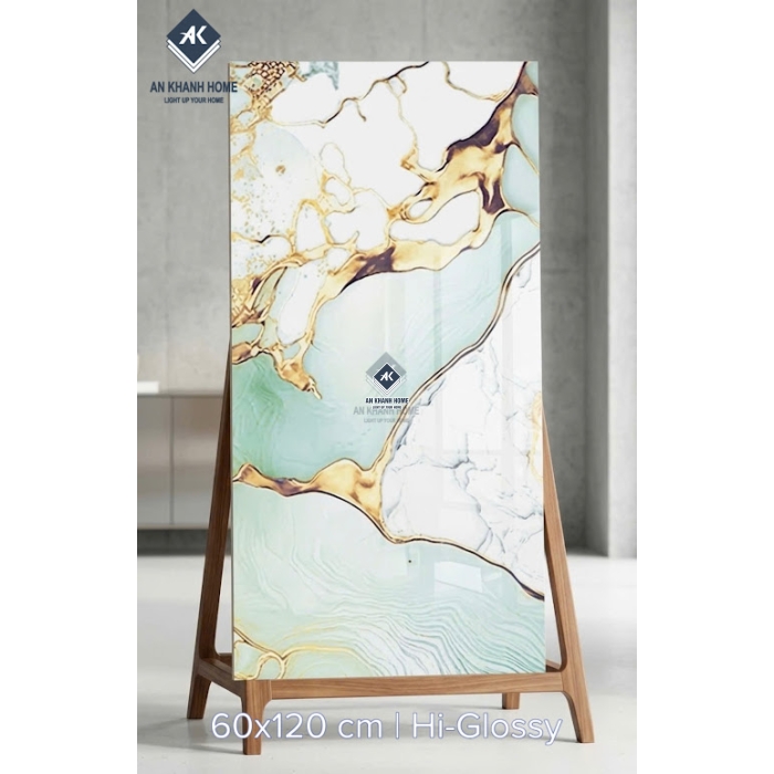 Gạch ốp lát ấn độ 60x120 vân đá xanh trắng nhũ vàng siêu bóng