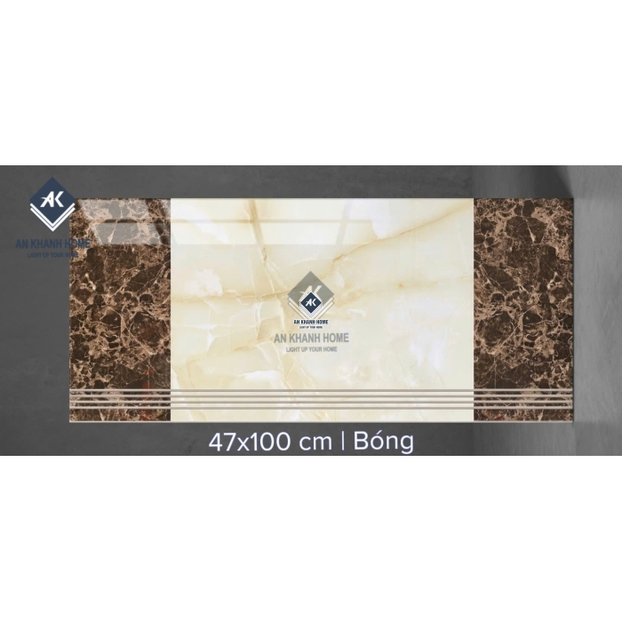 Gạch ốp lát bậc cầu thang 47x100cm vân đá vàng kem nâu đậm