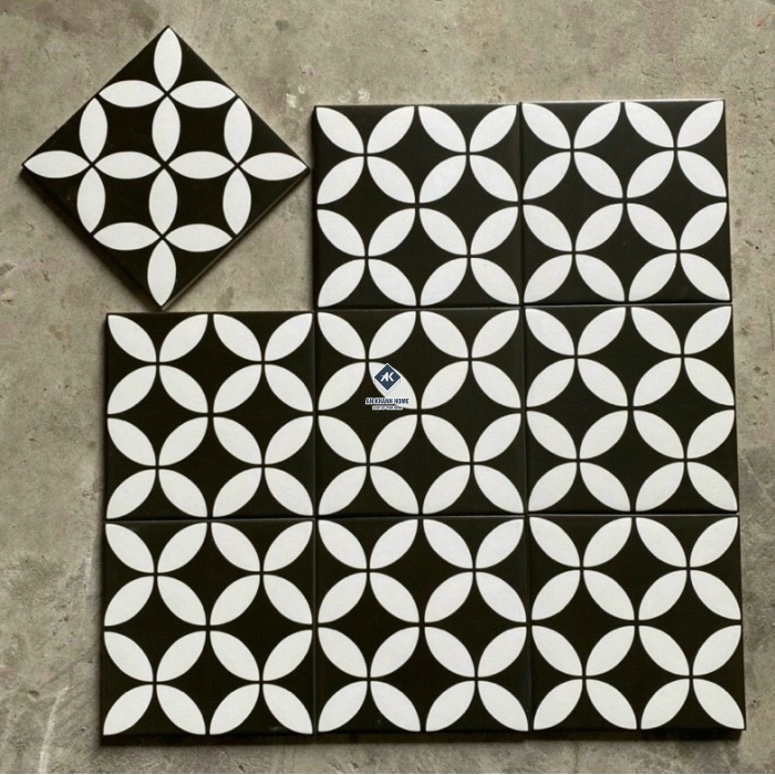 Gạch bông 20x20 đồng tiền trắng nền đen bề mặt mờ