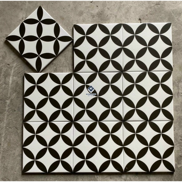 Gạch bông 20x20 đồng tiền đen nền trắng kem bề mặt mờ