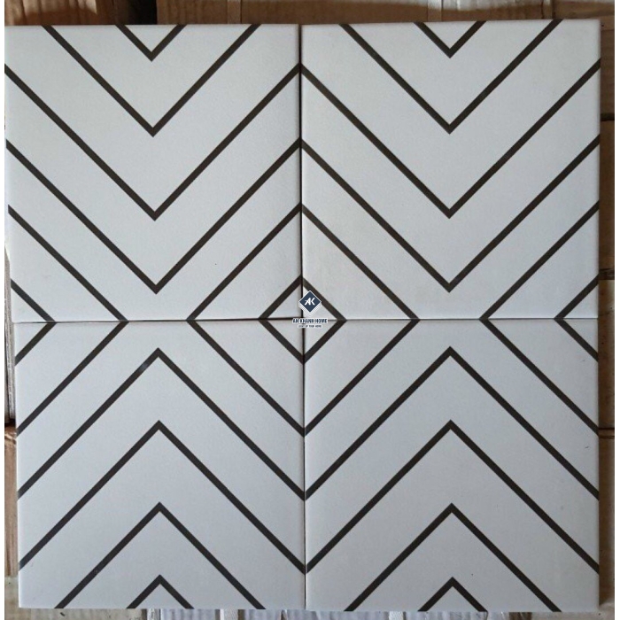 Gạch bông 20x20 màu tắng hoạ tiết xương cá màu đen bề mặt mờ