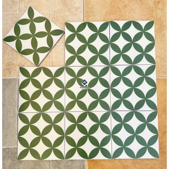 Gạch bông 20x20 đồng tiền xanh cổ vịt nền trắng bề mặt mờ