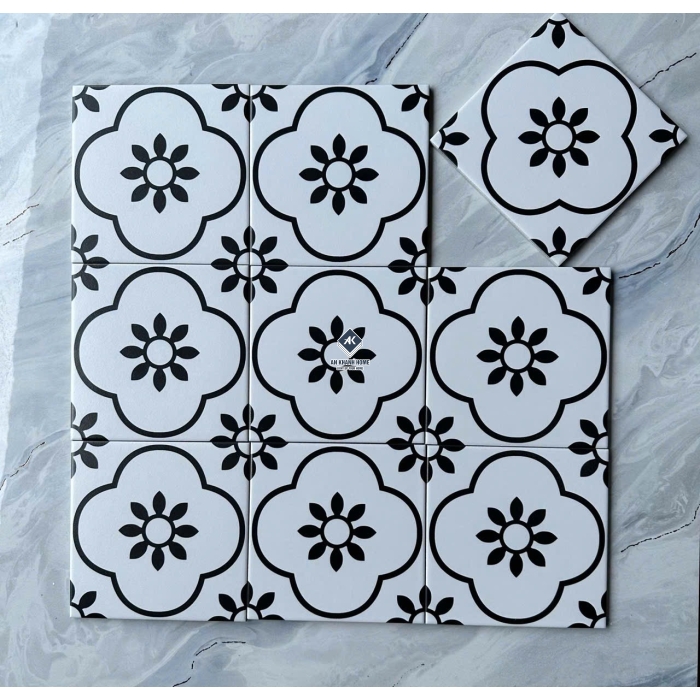 Gạch bông 20x20 màu trắng  hoạ tiết hoa 4 cánh đen bề mặt mờ
