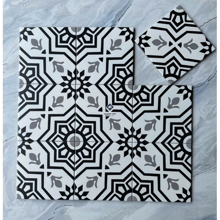 Gạch bông 20x20 màu trắng hoạ tiết đối xứng màu đen bề mặt mờ