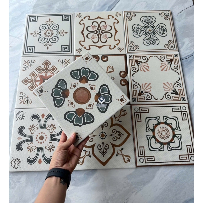 Gạch bông 20x20 màu kem hoạ tiết ngẫu nhiên trộn lẫn bề mặt mờ