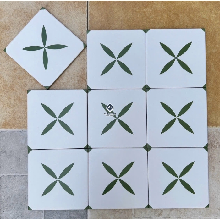 Gạch bông 20x20 MHB 666 màu trắng hoạ tiết hoa 4 cánh xanh bề mặt mờ