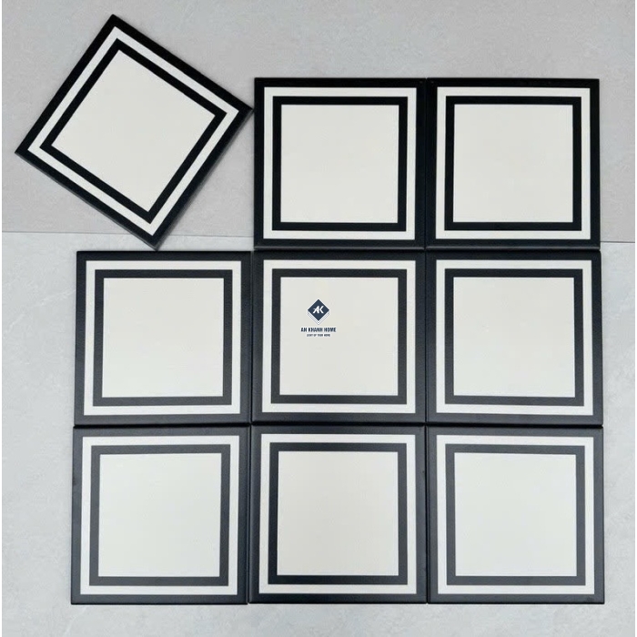 Gạch bông 20x20 MHB 108 màu kem khung viền vuông màu đen bề mặt mờ