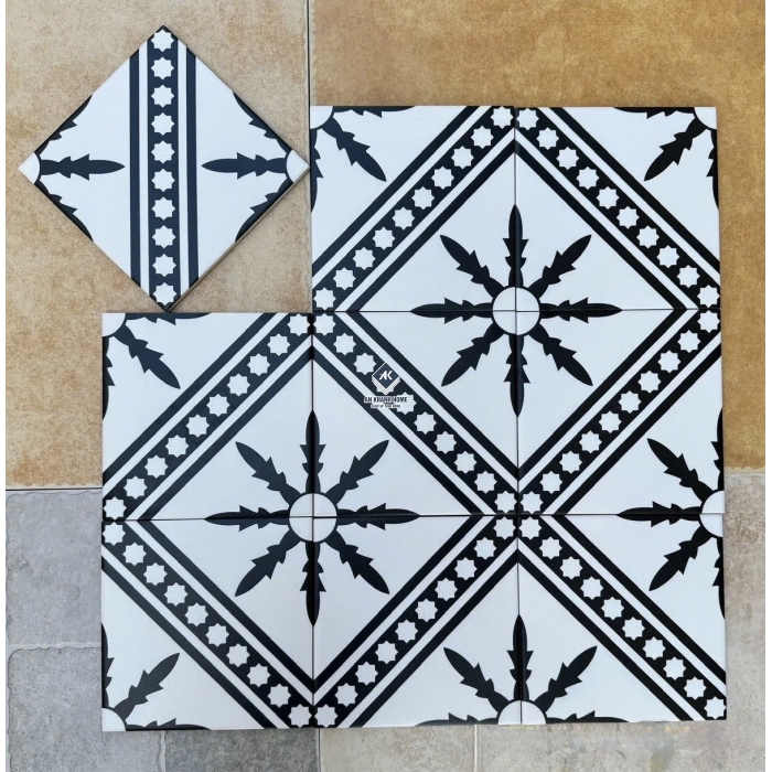 Gạch bông 20x20 MHB 398 màu trắng hoạ tiết đối xứng màu đen bề mặt mờ