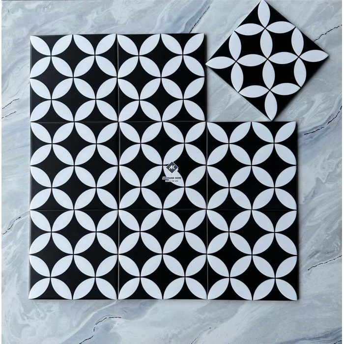 Gạch bông giả cổ 20x20 hoa văn đồng tiền trắng nền đen 