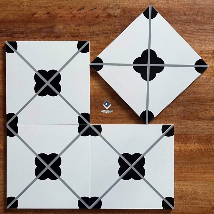 Gạch bông 30x30 màu trắng hoạ tiết đường chéo hoa đen bề mặt mờ