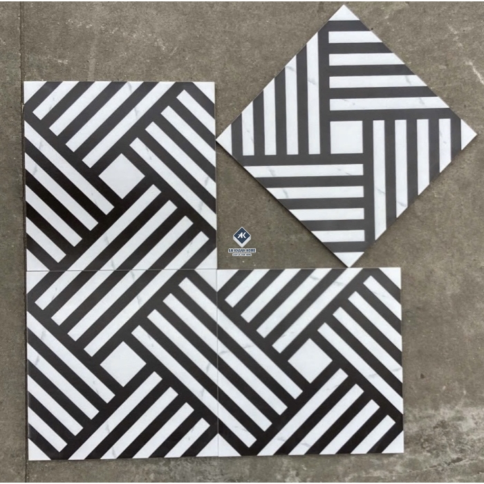 Gạch bông 30x30 trắng đen hoạ tiết kẻ đan chéo bề mặt mờ