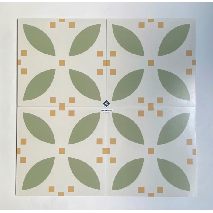 Gạch bông 30x30 màu kem hoạ tiết hoa 4 cánh màu xanh lá non chấm cam