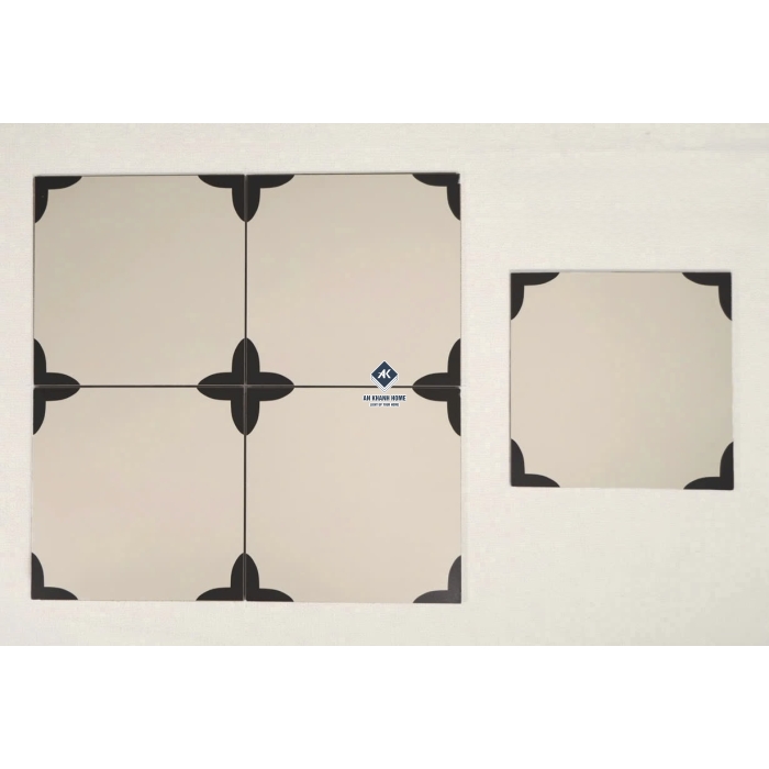 Gạch bông 30x30 màu kem hoạ tiết góc hoa 4 cánh đen bề mặt mờ
