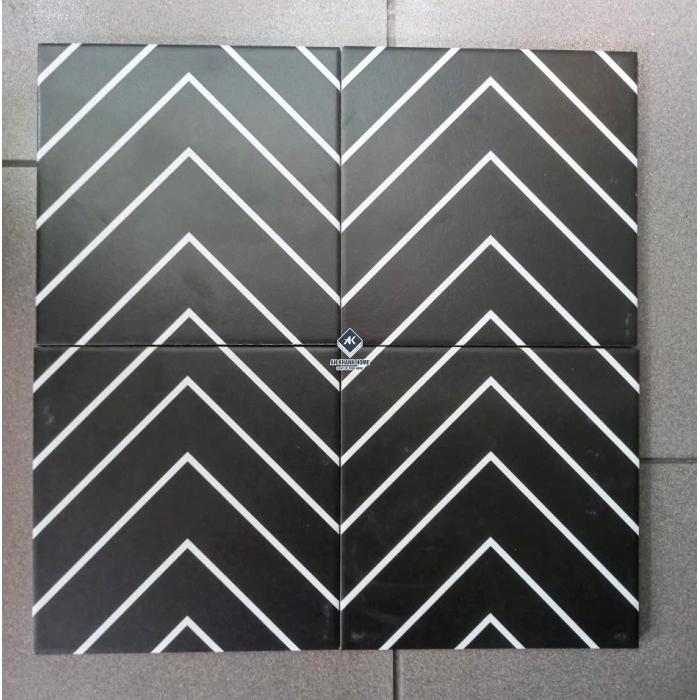 Gạch bông 20x20 màu đen hoạ tiết xương cá màu trắng bề mặt mờ