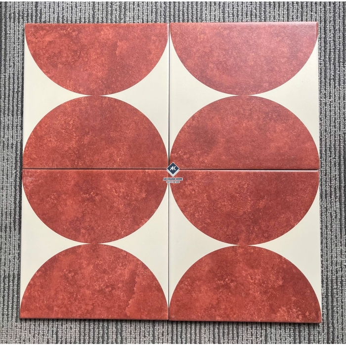 Gạch bông 20x20 hoạ tiết hình tròn đỏ trầm nền trắng kem bề mặt mờ