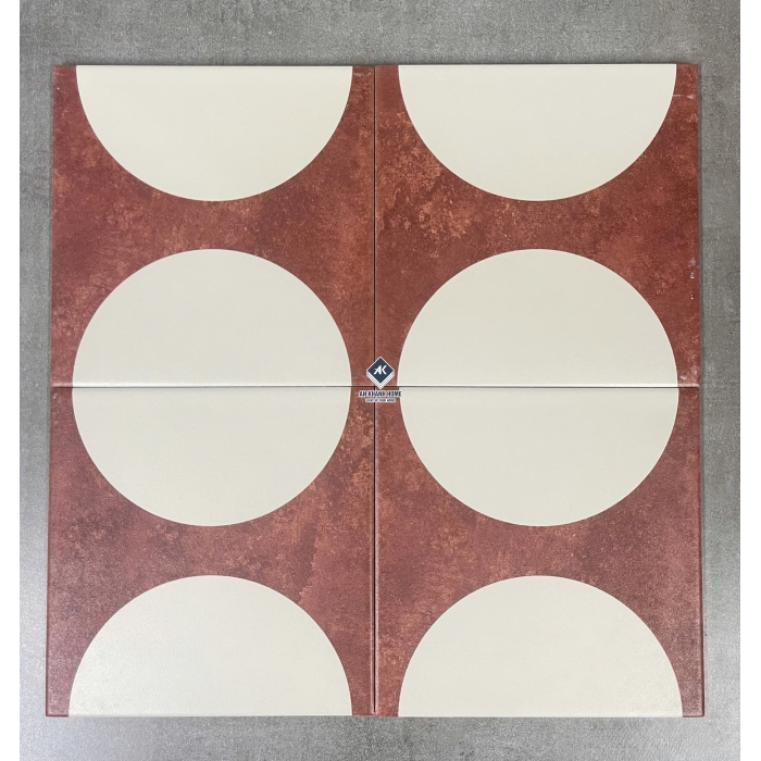 Gạch bông 20x20 hoạ tiết hình tròn trắng nền đỏ bề mặt mờ