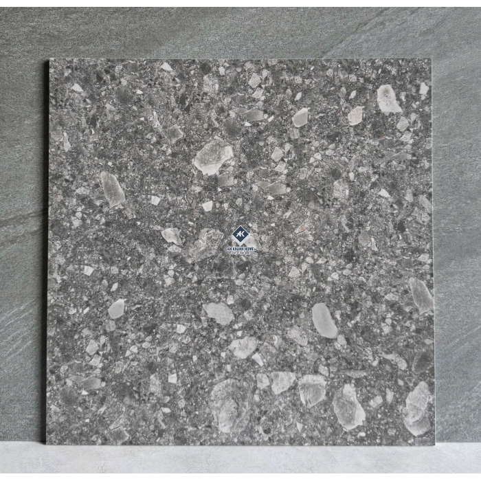 Gạch 60x60 terrazzo đá mài màu xám hạt lớn màu trắng mờ