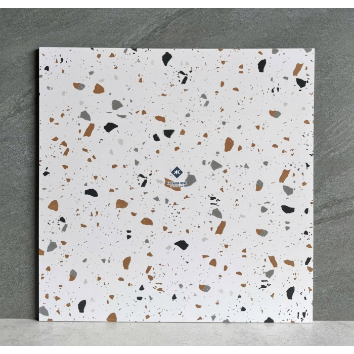 Gạch 60x60 terrazzo màu trắng hạt bự màu xám nâu đen mờ