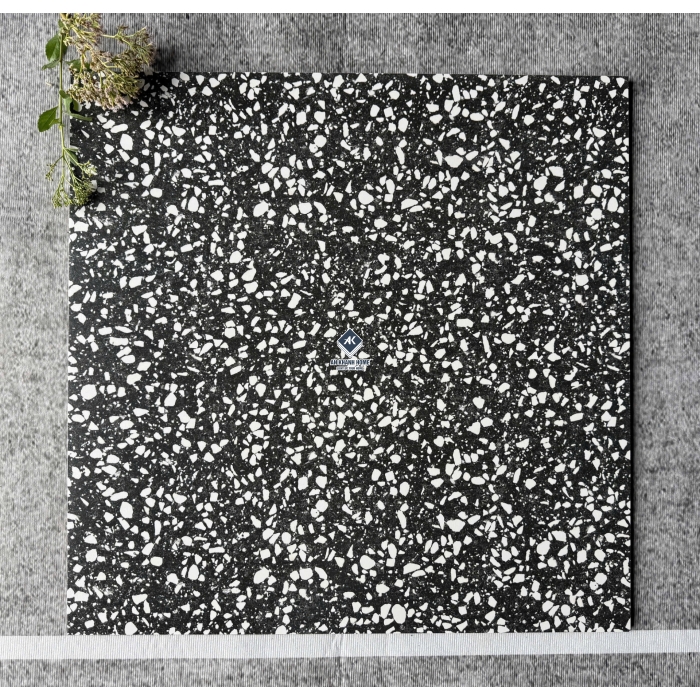 Gạch 60x60 terrazzo màu đen hạt đá mài màu trắng mờ