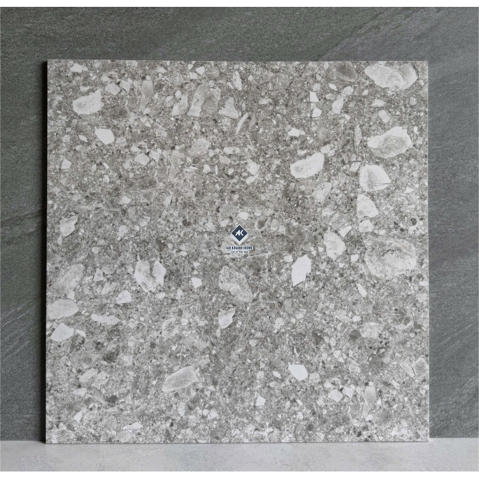 Gạch 60x60 terrazzo đá mài màu xám hạt lớn màu trắng mờ