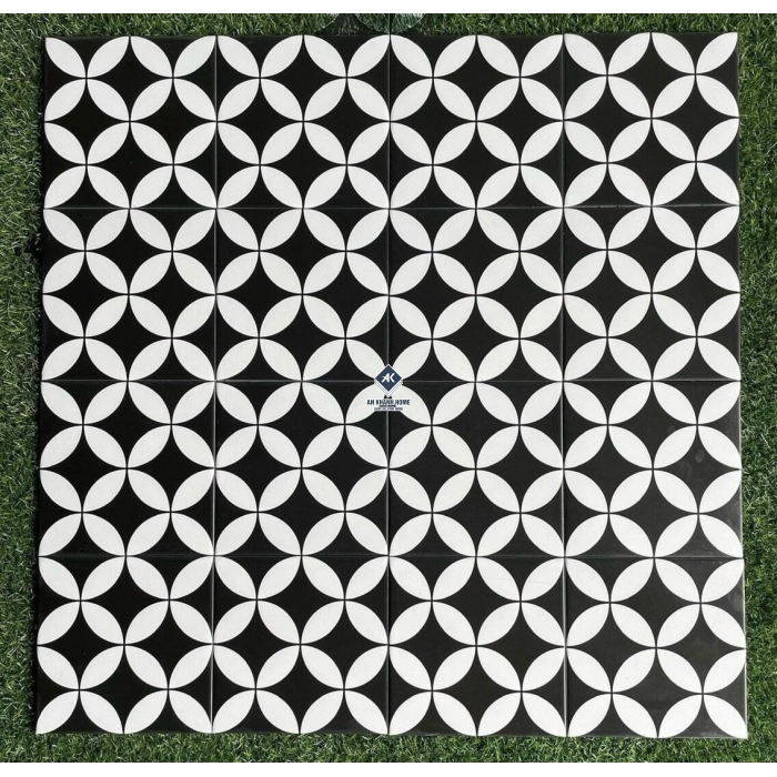 Gạch bông 20x20 đồng tiền trắng nền đen bề mặt mờ