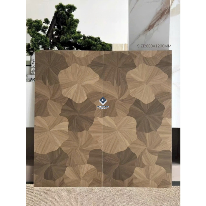 Gạch vân gỗ họa tiết lá sen màu walnut nâu đậm bề mặt mờ