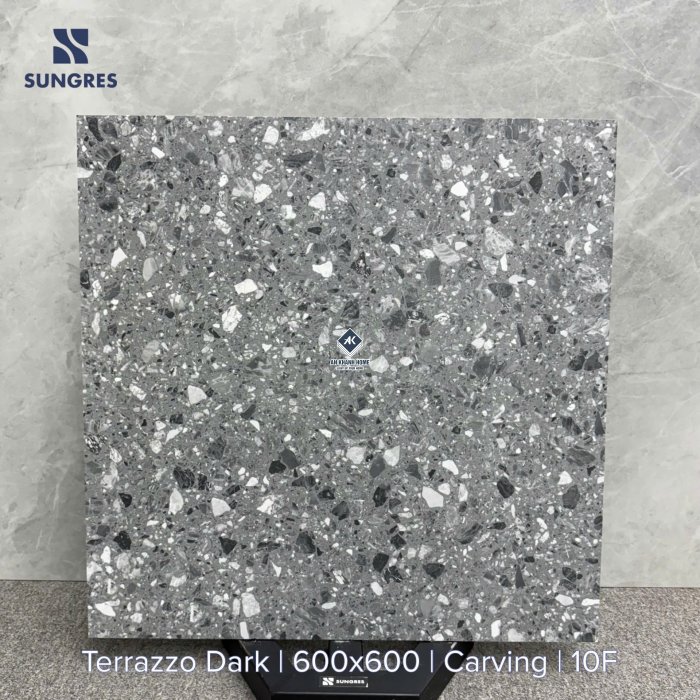 Gạch Ấn Độ 60x60 Terrazzo Dark SG-66.619C Xám đậm Bề Mặt Carving