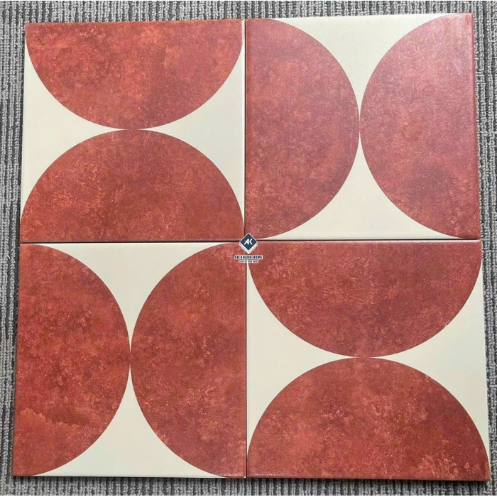 Gạch bông 20x20 hoạ tiết hình tròn đỏ trầm nền trắng kem bề mặt mờ