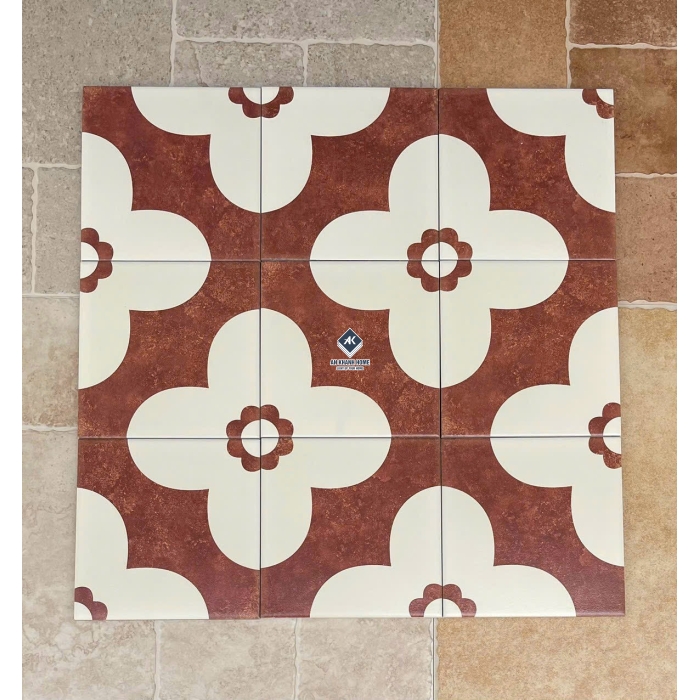 Gạch bông 20x20 hoạ tiết bông hoa trắng đỏ bề mặt mờ
