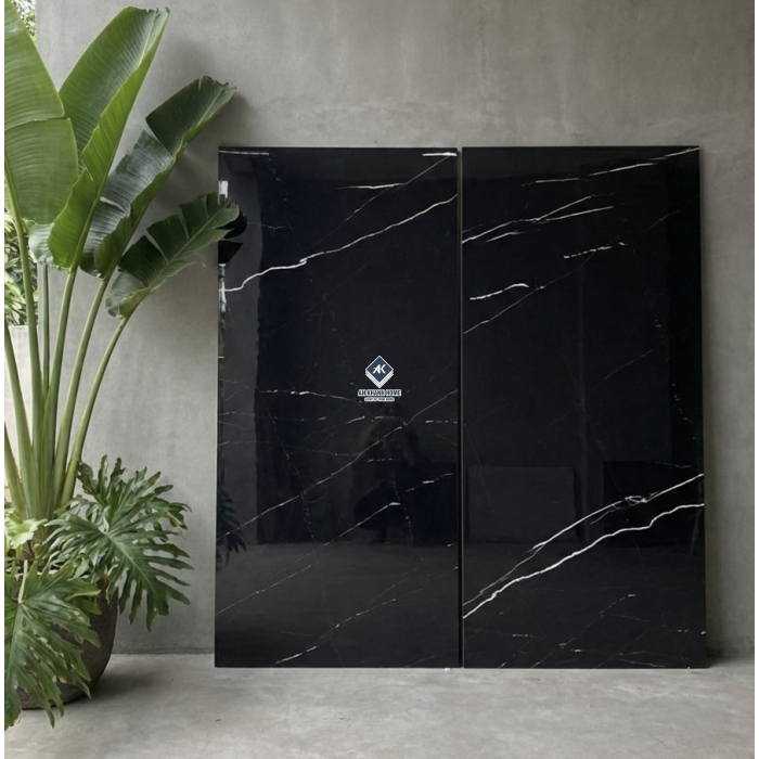 Gạch 80x160 Ấn Độ màu đen tia chớp trắng vân đá Black Mequina siêu bóng