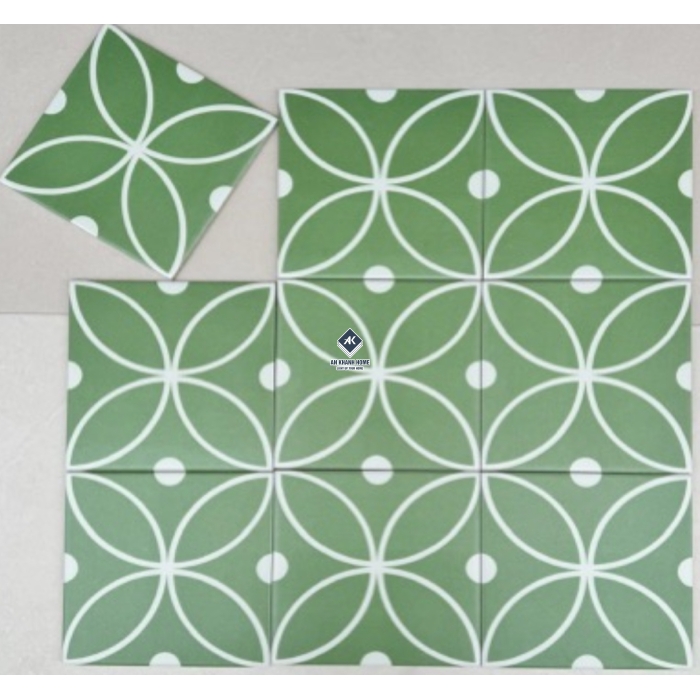 Gạch bông 20x20 đồng tiền màu xanh non hoạ tiết trắng bề mặt mờ