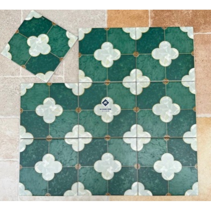 Gạch bông 20x20 MHB 2149 màu xanh lục hoạ cỏ 4 lá màu trắng bề mặt mờ