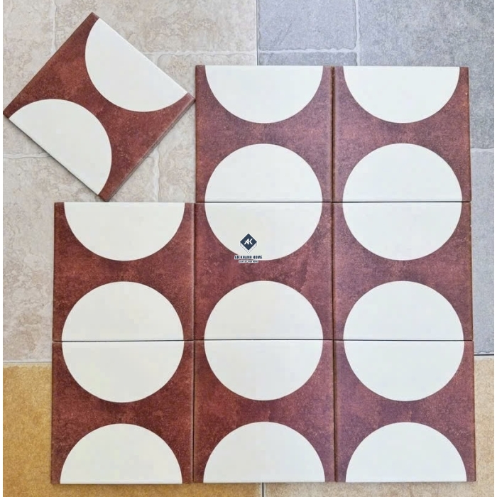 Gạch bông 20x20 hoạ tiết hình tròn trắng nền đỏ bề mặt mờ
