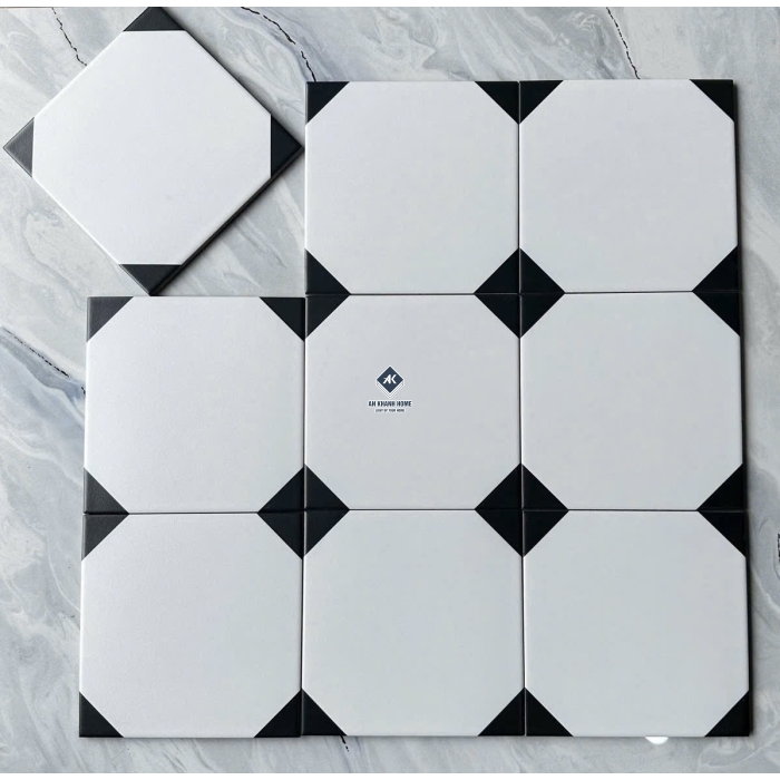 Gạch bông 20x20 màu trắng 4 góc màu đen bề mặt mờ